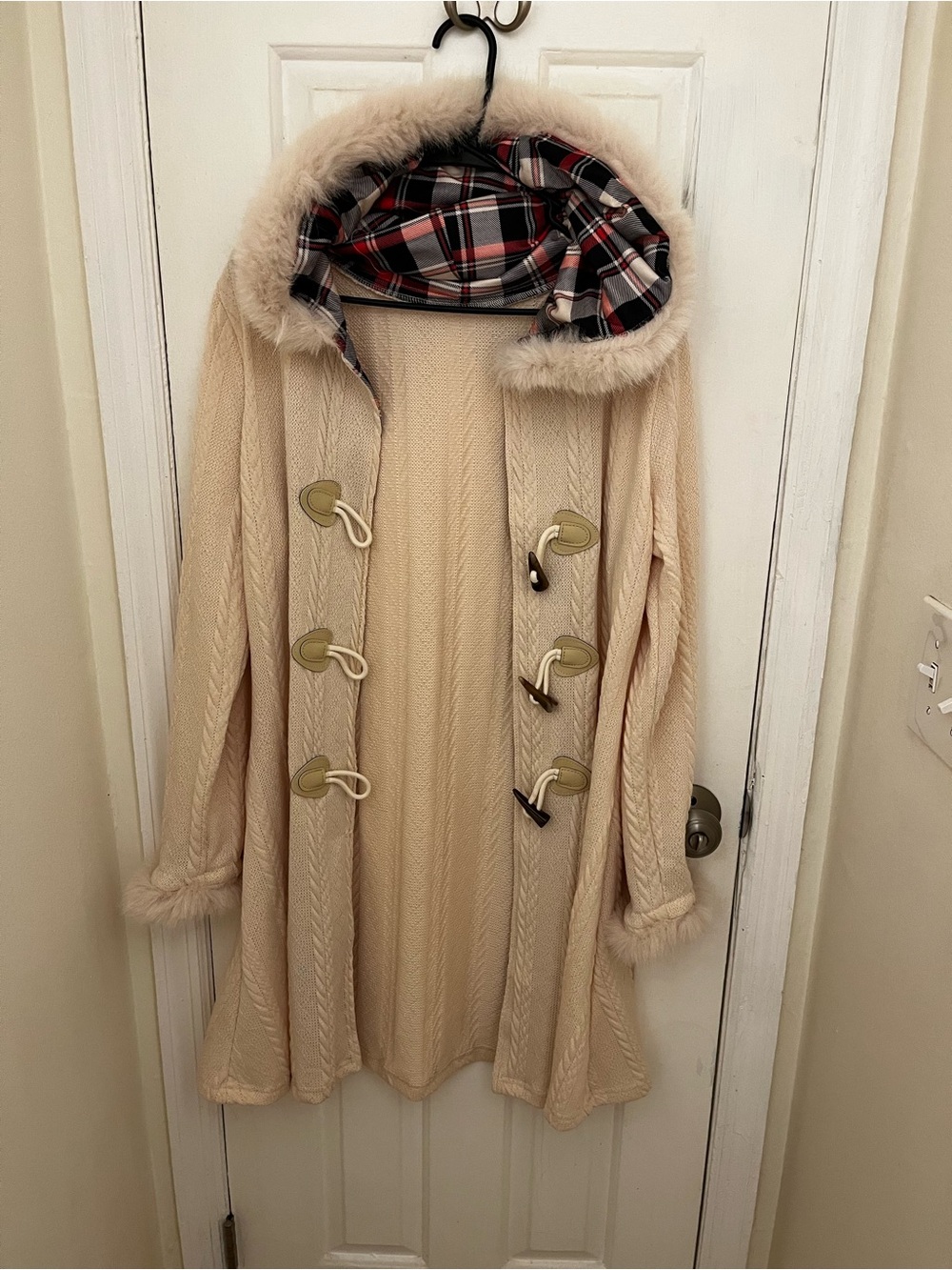 Cream Hooded Toggle Coat with Fur Trim